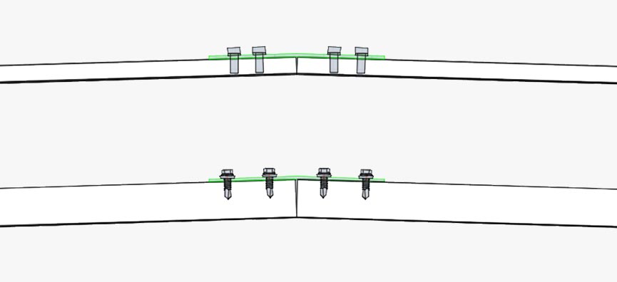Technical drawing: Connector plates joining low-slope roof structure sections. 
